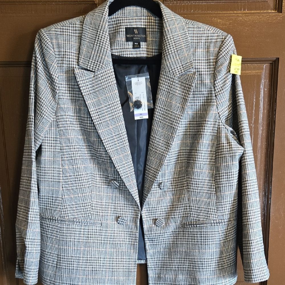 Worthington-Blk,white,copper plaid bkazer Sz PXL NWT.